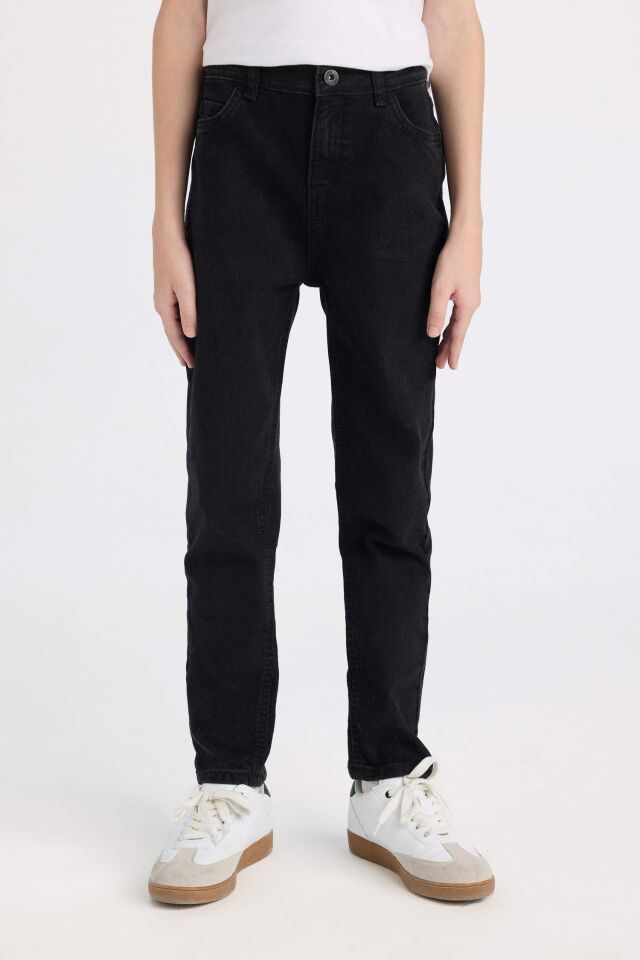 Erkek Çocuk Slim Fit Dar Kesim Düz Paça Cepli Siyah Basic Düz Jean Pantolon