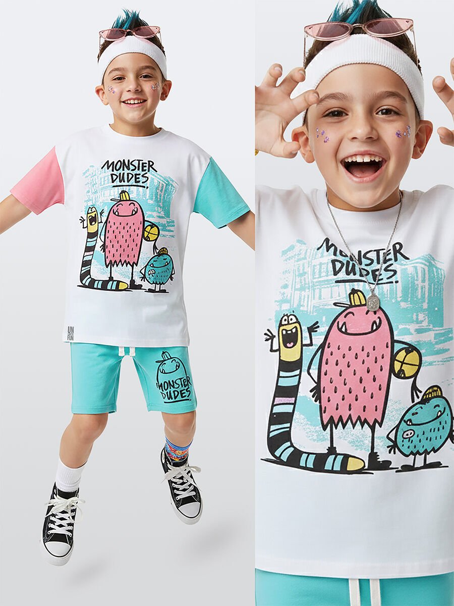 Monster Dudes Erkek Çocuk T-shirt Şort Takım 4Y - Beyaz