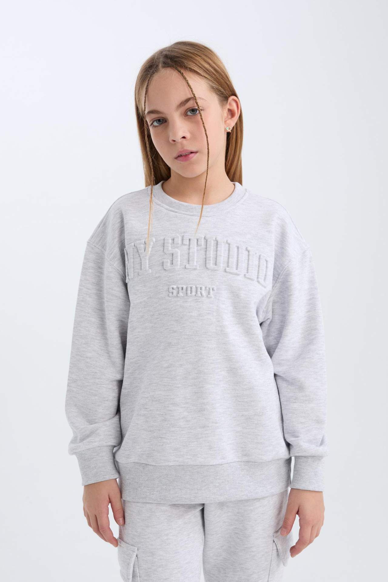 Kız Çocuk Gri Bisiklet Yaka Baskılı Sweatshirt