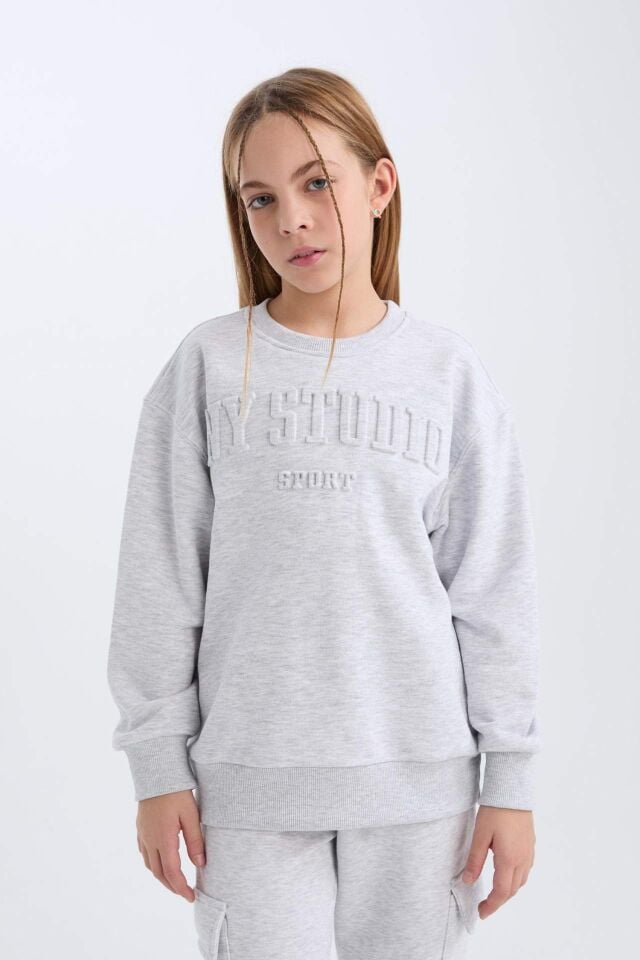 Kız Çocuk Gri Bisiklet Yaka Baskılı Sweatshirt