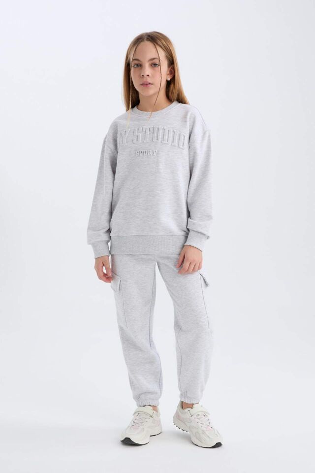 Kız Çocuk Gri Bisiklet Yaka Baskılı Sweatshirt