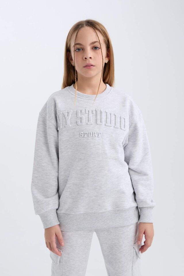 Kız Çocuk Gri Bisiklet Yaka Baskılı Sweatshirt
