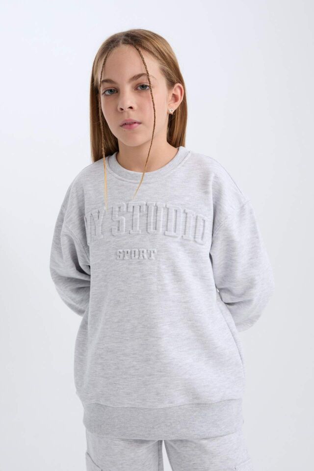 Kız Çocuk Gri Bisiklet Yaka Baskılı Sweatshirt