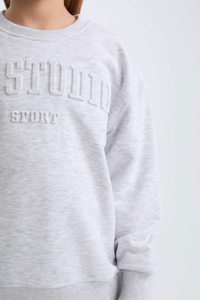 Kız Çocuk Gri Bisiklet Yaka Baskılı Sweatshirt