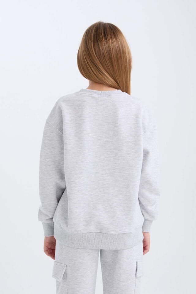 Kız Çocuk Gri Bisiklet Yaka Baskılı Sweatshirt