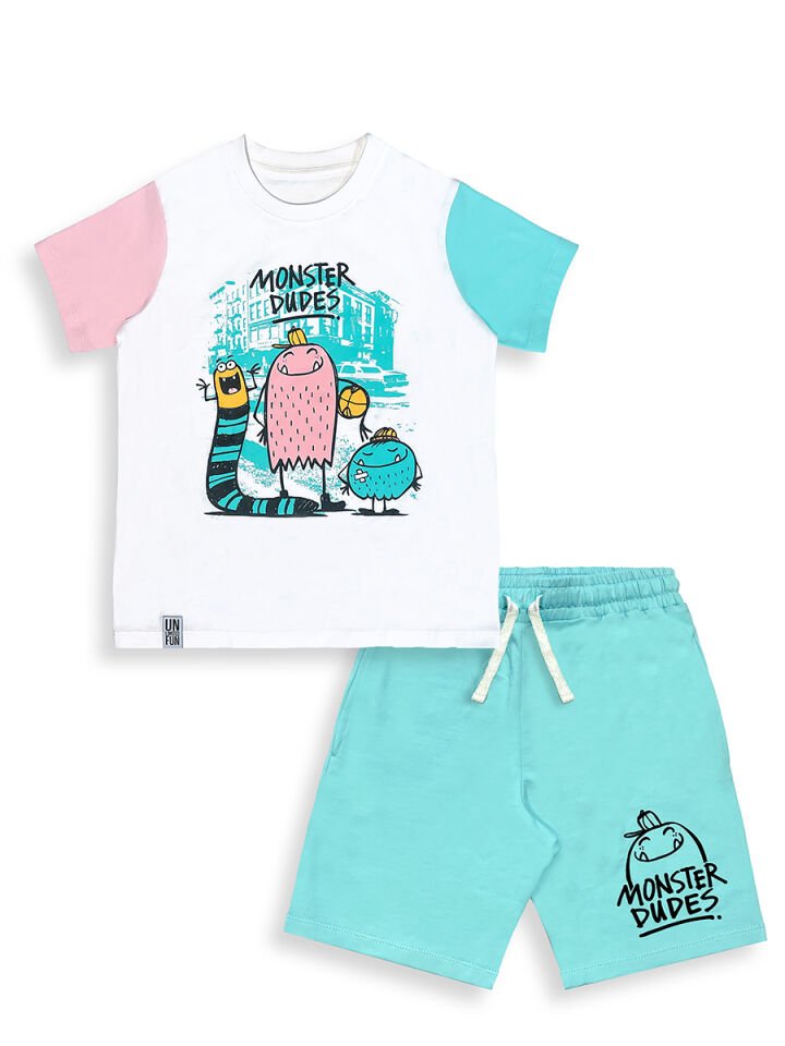 Monster Dudes Erkek Çocuk T-shirt Şort Takım 7Y - Beyaz