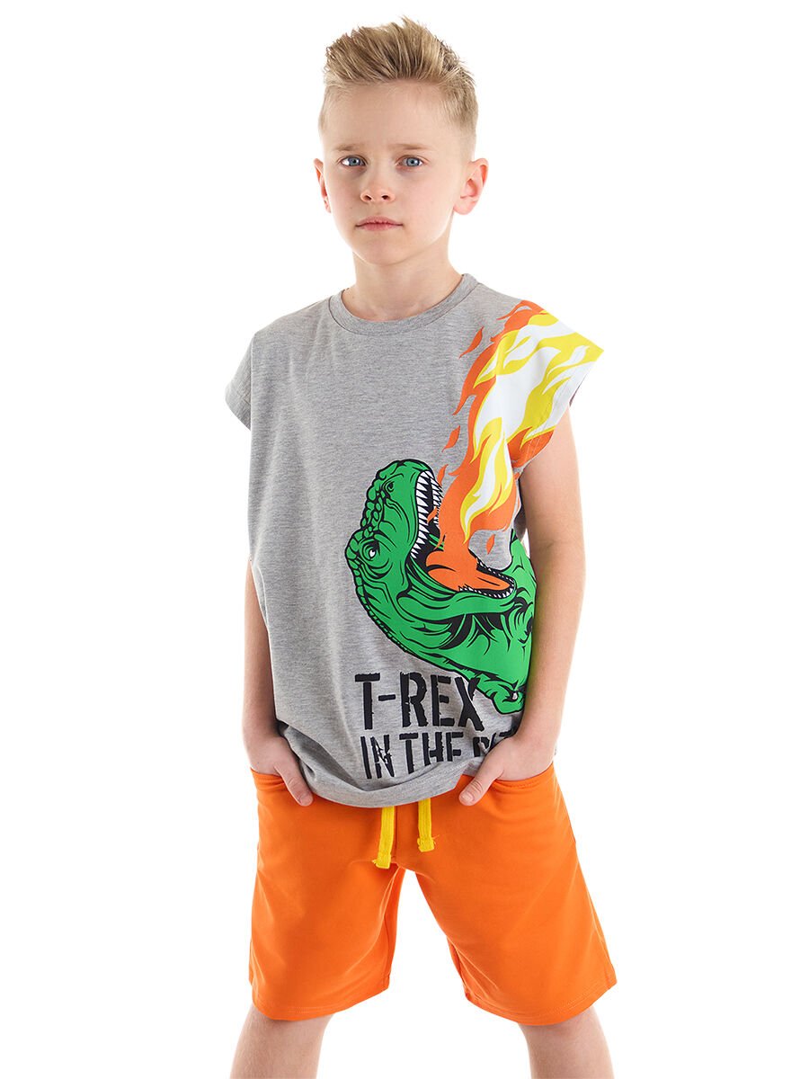 T-Rex Alev Erkek Çocuk T-Shirt Şort Takım 7 Y - Turuncu, Gri