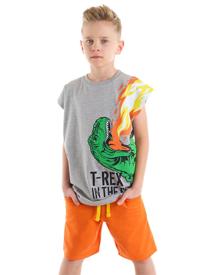T-Rex Alev Erkek Çocuk T-Shirt Şort Takım 7 Y - Turuncu, Gri