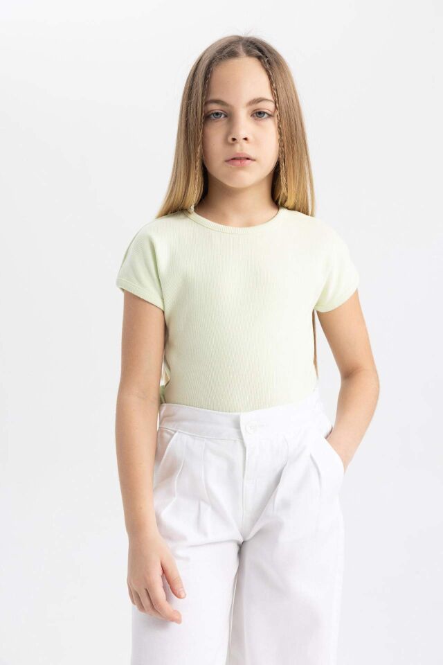 Kız Çocuk Slim Fit Dar Kesim Bisiklet Yaka Basic Düz Fitilli Kaşkorse Kısa Kollu Tişört