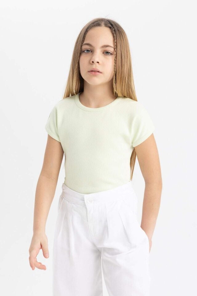 Kız Çocuk Slim Fit Dar Kesim Bisiklet Yaka Basic Düz Fitilli Kaşkorse Kısa Kollu Tişört