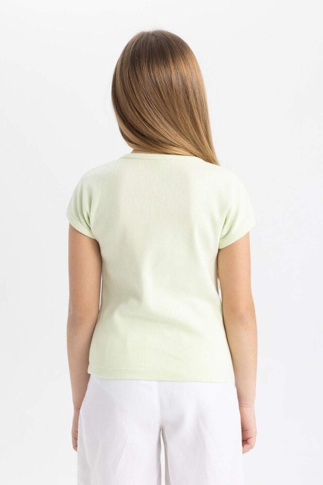 Kız Çocuk Slim Fit Dar Kesim Bisiklet Yaka Basic Düz Fitilli Kaşkorse Kısa Kollu Tişört