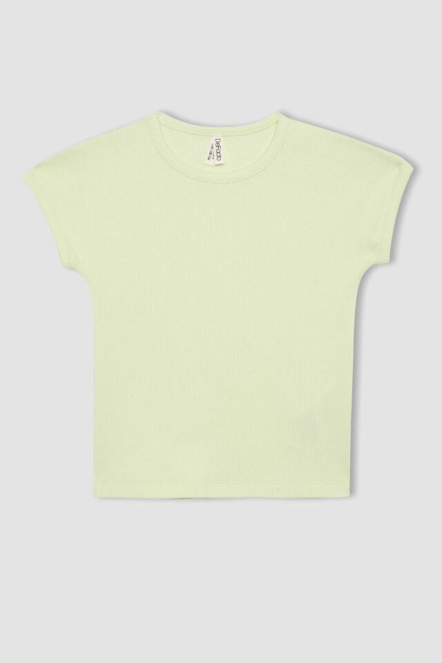 Kız Çocuk Slim Fit Dar Kesim Bisiklet Yaka Basic Düz Fitilli Kaşkorse Kısa Kollu Tişört