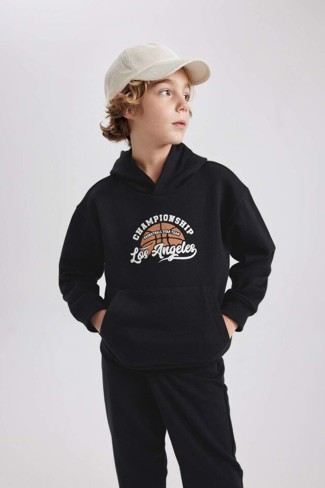 Erkek Çocuk Baskılı Kanguru Cepli Kapüşonlu Sweatshirt