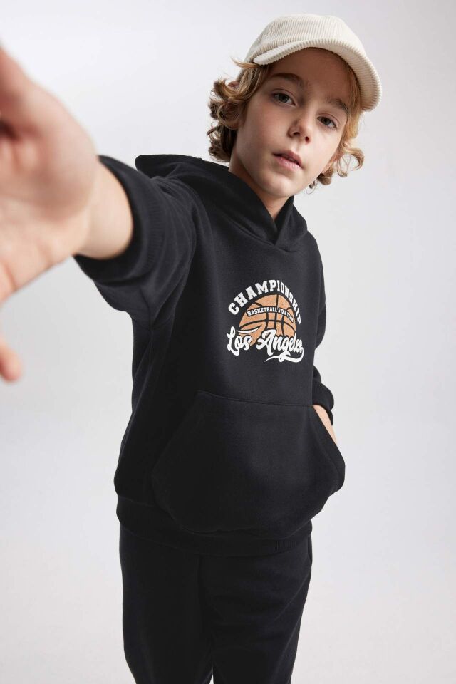 Erkek Çocuk Baskılı Kanguru Cepli Kapüşonlu Sweatshirt