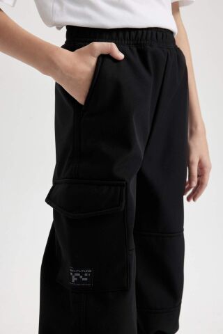 Erkek Çocuk Beli ve Paçası Lastikli Kargo Cepli Pelüş Polar Astarlı Siyah Jogger Pantolon