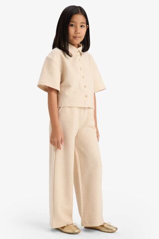 Kız Çocuk Beli Lastikli Wide Leg Geniş Bol Paça Bürümcük Pantolon