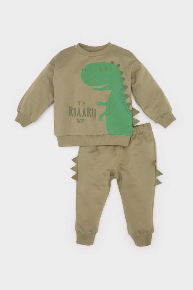 Erkek Bebek 2'li Takım Dinazor Baskılı Sweatshirt Beli Lastikli Eşofman Altı