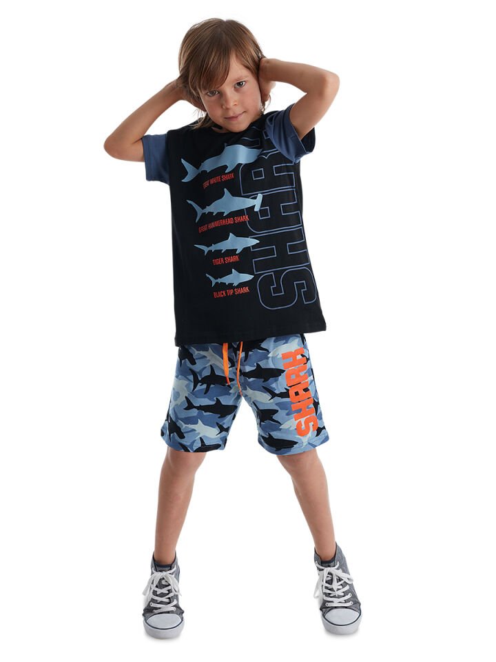 Köpekbalığı Erkek Çocuk T-shirt Şort Takım 10 Y - Mavi Siyah