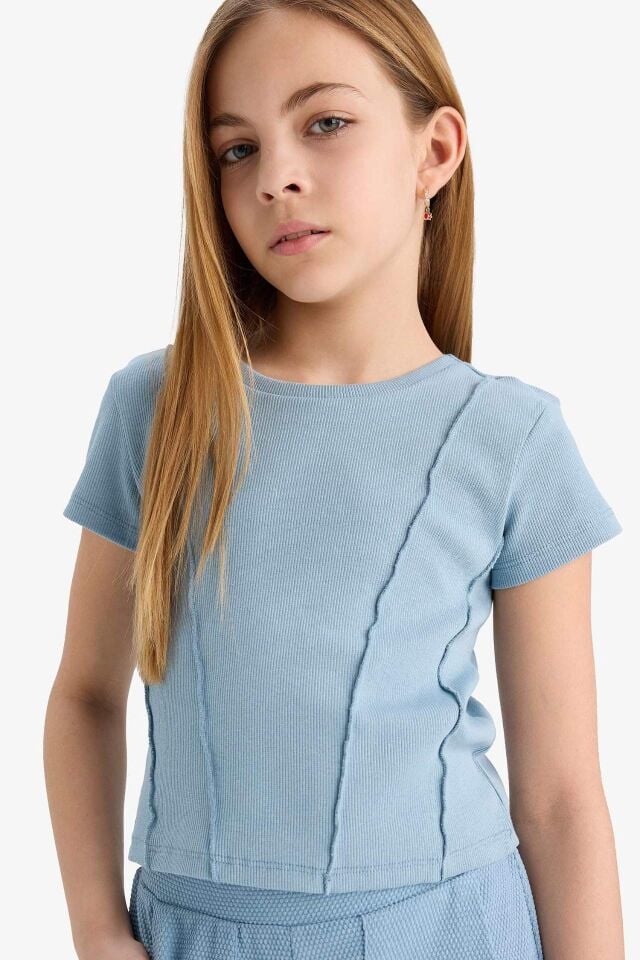 Kız Çocuk Slim Fit Dar Kesim Bisiklet Yaka Basic Düz Ribana Kısa Kollu Tişört
