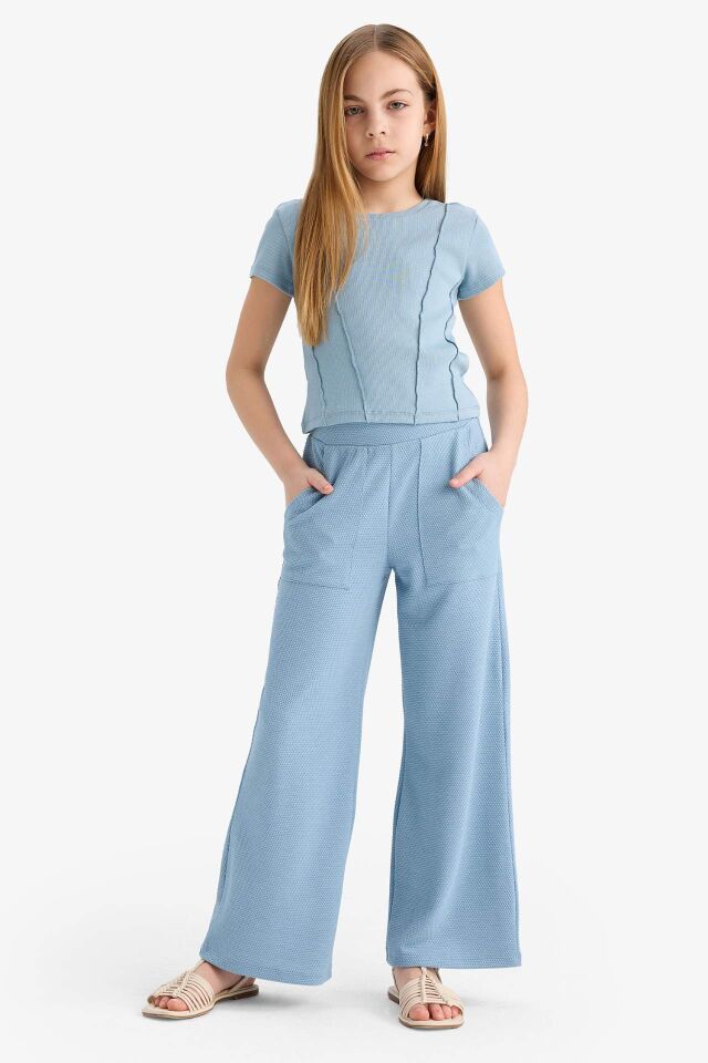 Kız Çocuk Slim Fit Dar Kesim Bisiklet Yaka Basic Düz Ribana Kısa Kollu Tişört
