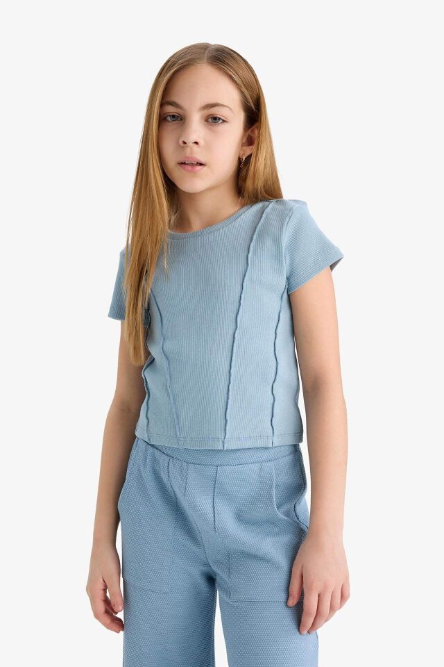 Kız Çocuk Slim Fit Dar Kesim Bisiklet Yaka Basic Düz Ribana Kısa Kollu Tişört