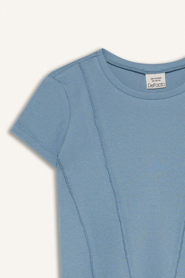 Kız Çocuk Slim Fit Dar Kesim Bisiklet Yaka Basic Düz Ribana Kısa Kollu Tişört
