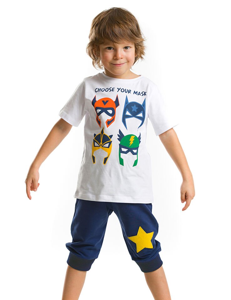 Maske Çetesi Erkek Çocuk T-shirt Kapri Şort Takım 3 Y - Beyaz Mavi