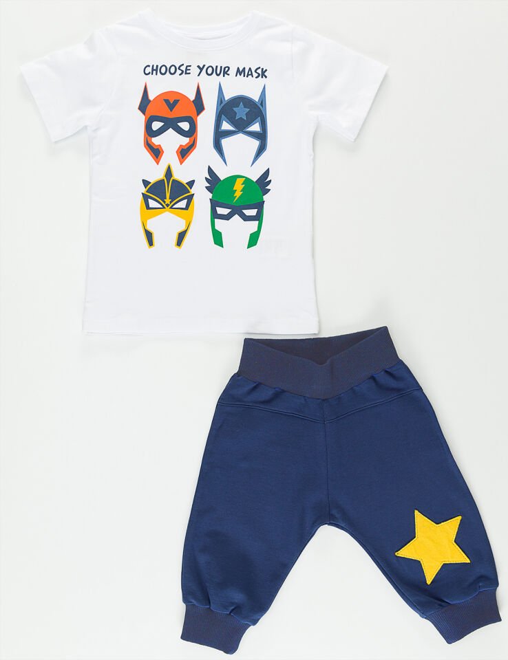 Maske Çetesi Erkek Çocuk T-shirt Kapri Şort Takım 3 Y - Beyaz Mavi