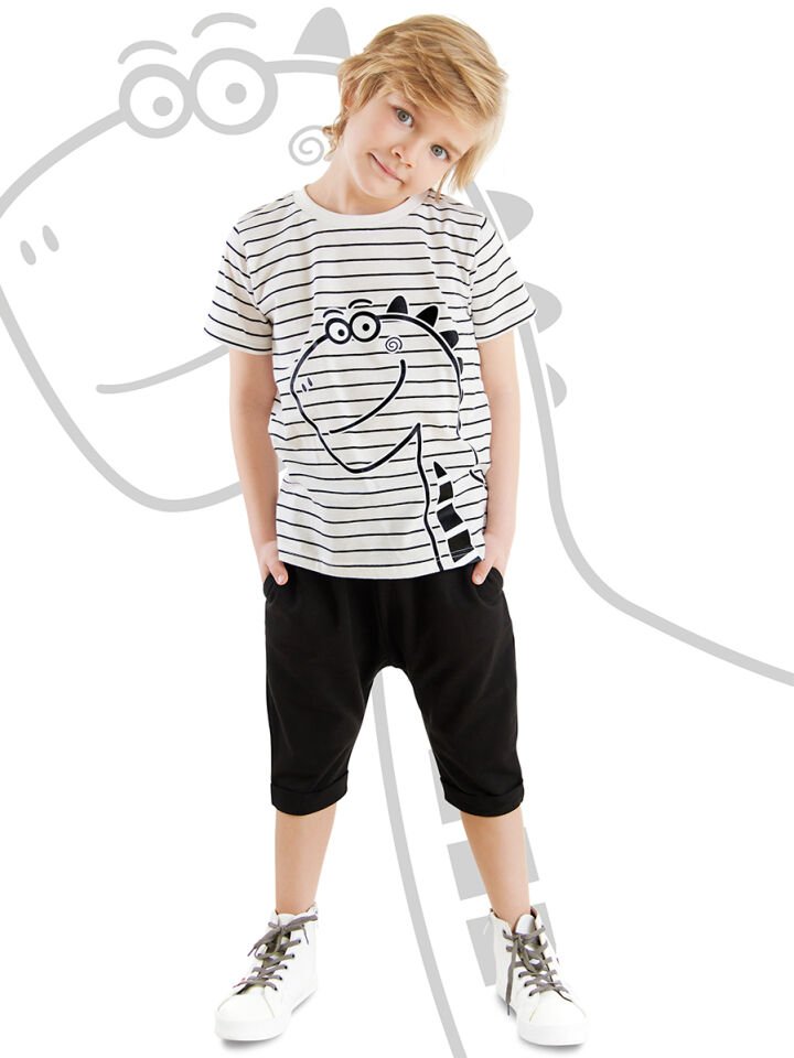 Sevimli Dino Erkek Çocuk T-shirt Kapri Şort Takım 2 Y - Siyah