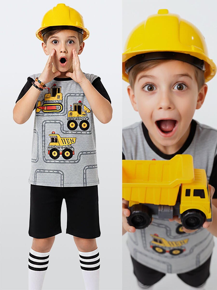 İnşaat Araçları Erkek Çocuk T-shirt Şort Takım 4Y - Gri