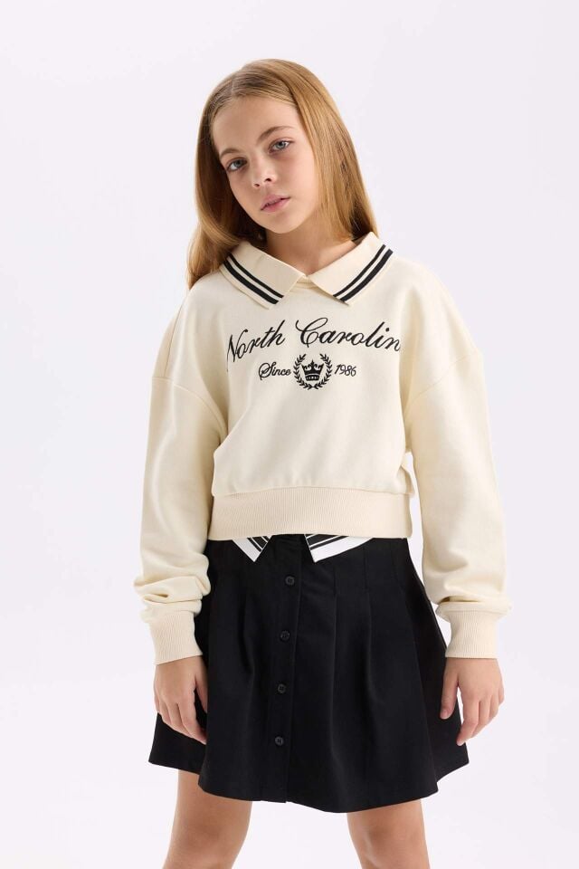 Kız Çocuk Relax Fit Polo Yaka Baskılı Sweatshirt