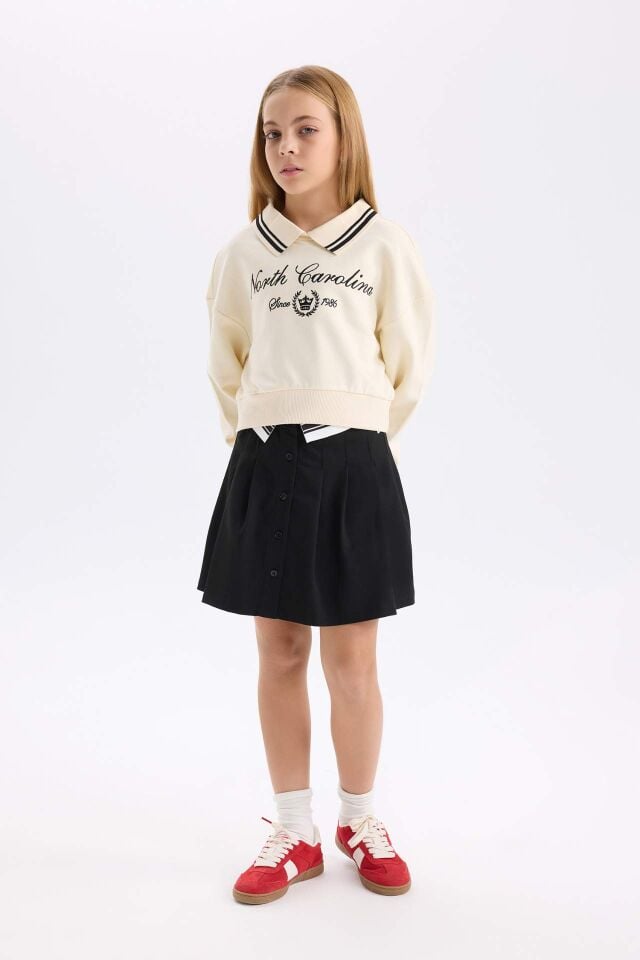 Kız Çocuk Relax Fit Polo Yaka Baskılı Sweatshirt