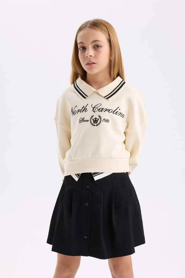 Kız Çocuk Relax Fit Polo Yaka Baskılı Sweatshirt