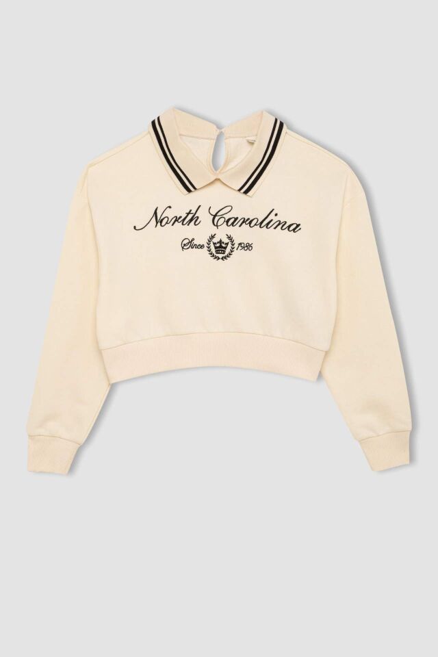 Kız Çocuk Relax Fit Polo Yaka Baskılı Sweatshirt