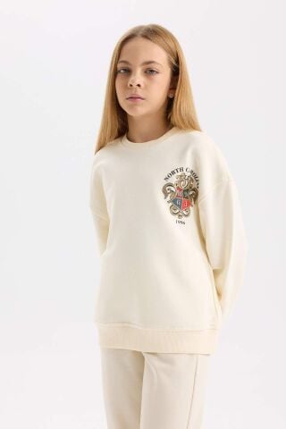 Kız Çocuk Relax Fit Bisiklet Yaka Baskılı İçi Yumuşak Tüylü Sweatshirt