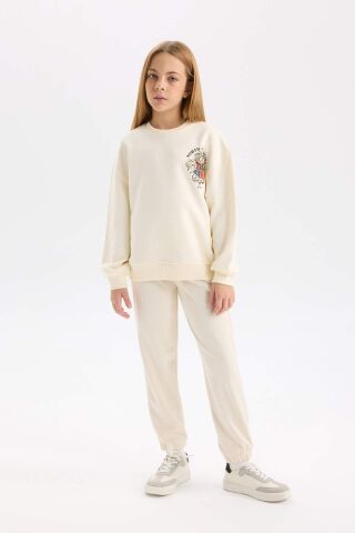 Kız Çocuk Relax Fit Bisiklet Yaka Baskılı İçi Yumuşak Tüylü Sweatshirt