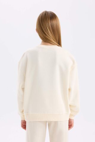 Kız Çocuk Relax Fit Bisiklet Yaka Baskılı İçi Yumuşak Tüylü Sweatshirt