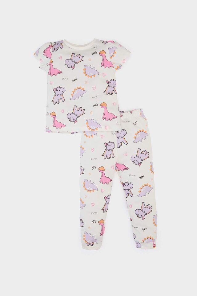 Kız Bebek Pijama Takımı Dinazor Baskılı Kısa Kollu Penye Pijama Üstü Esnek Belli Uzun Pijama Altı