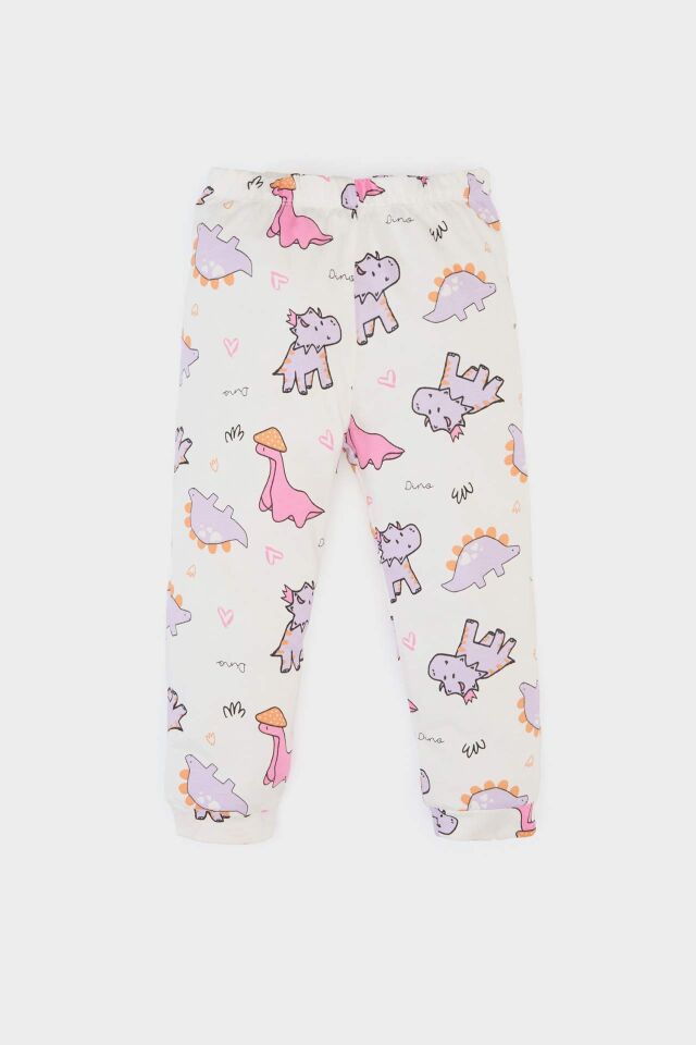 Kız Bebek Pijama Takımı Dinazor Baskılı Kısa Kollu Penye Pijama Üstü Esnek Belli Uzun Pijama Altı