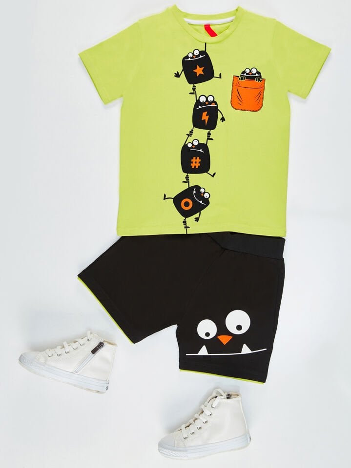 Küp Canavarlar Erkek Çocuk T-shirt Şort Takım 6 Y - Limon Sarı Siyah