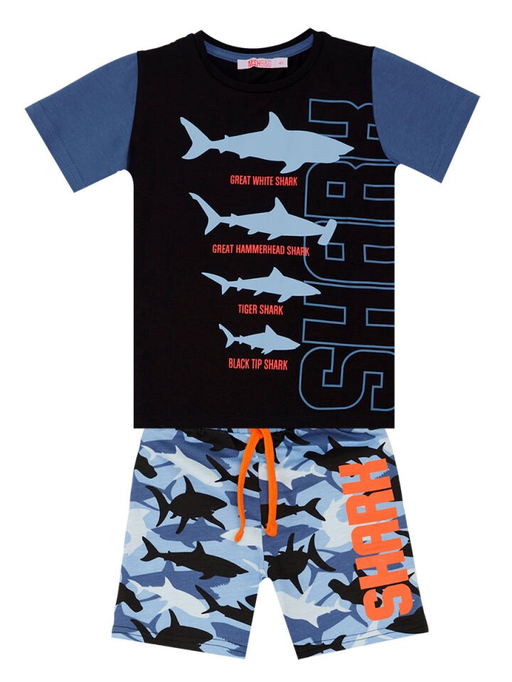 Köpekbalığı Erkek Çocuk T-shirt Şort Takım 7 Y - Mavi Siyah