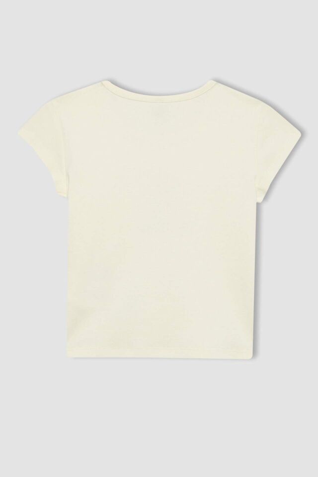 Kız Çocuk Slim Fit Dar Kesim Bisiklet Yaka Baskılı Ribana Kısa Kollu Tişört