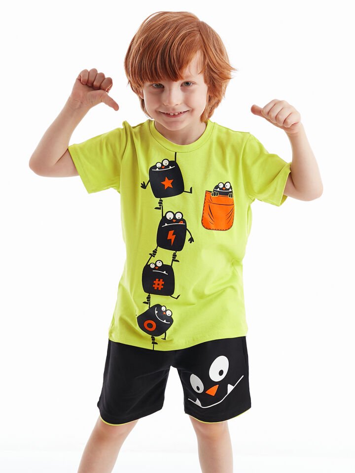Küp Canavarlar Erkek Çocuk T-shirt Şort Takım 7 Y - Limon Sarı Siyah