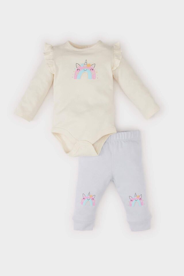 Kız Bebek 2'li Takım Unicorn Baskılı Uzun Kollu Çıtçıtlı Body Beli Lastikli Alt