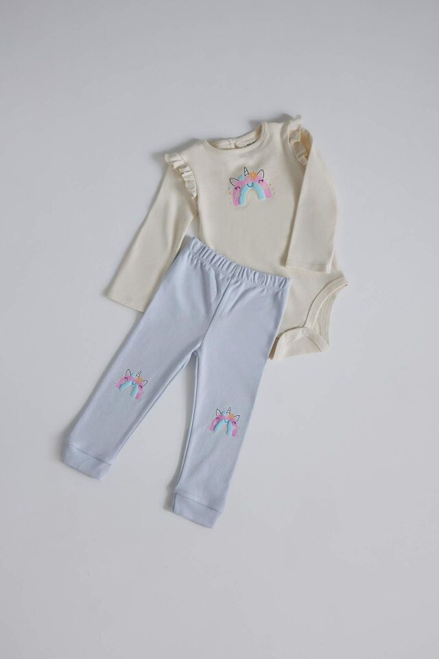 Kız Bebek 2'li Takım Unicorn Baskılı Uzun Kollu Çıtçıtlı Body Beli Lastikli Alt