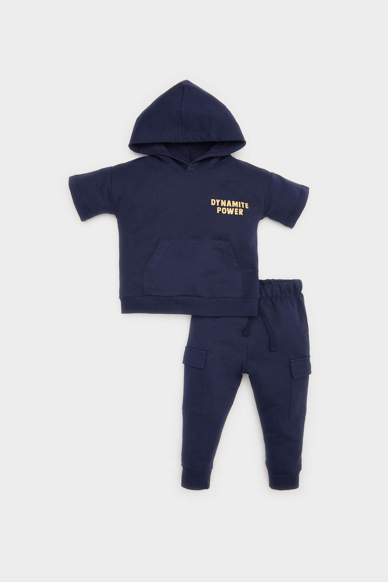 Erkek Bebek 2'li Takım Baskılı Kapüşonlu Kısa Kollu Sweatshirt Eşofman Altı