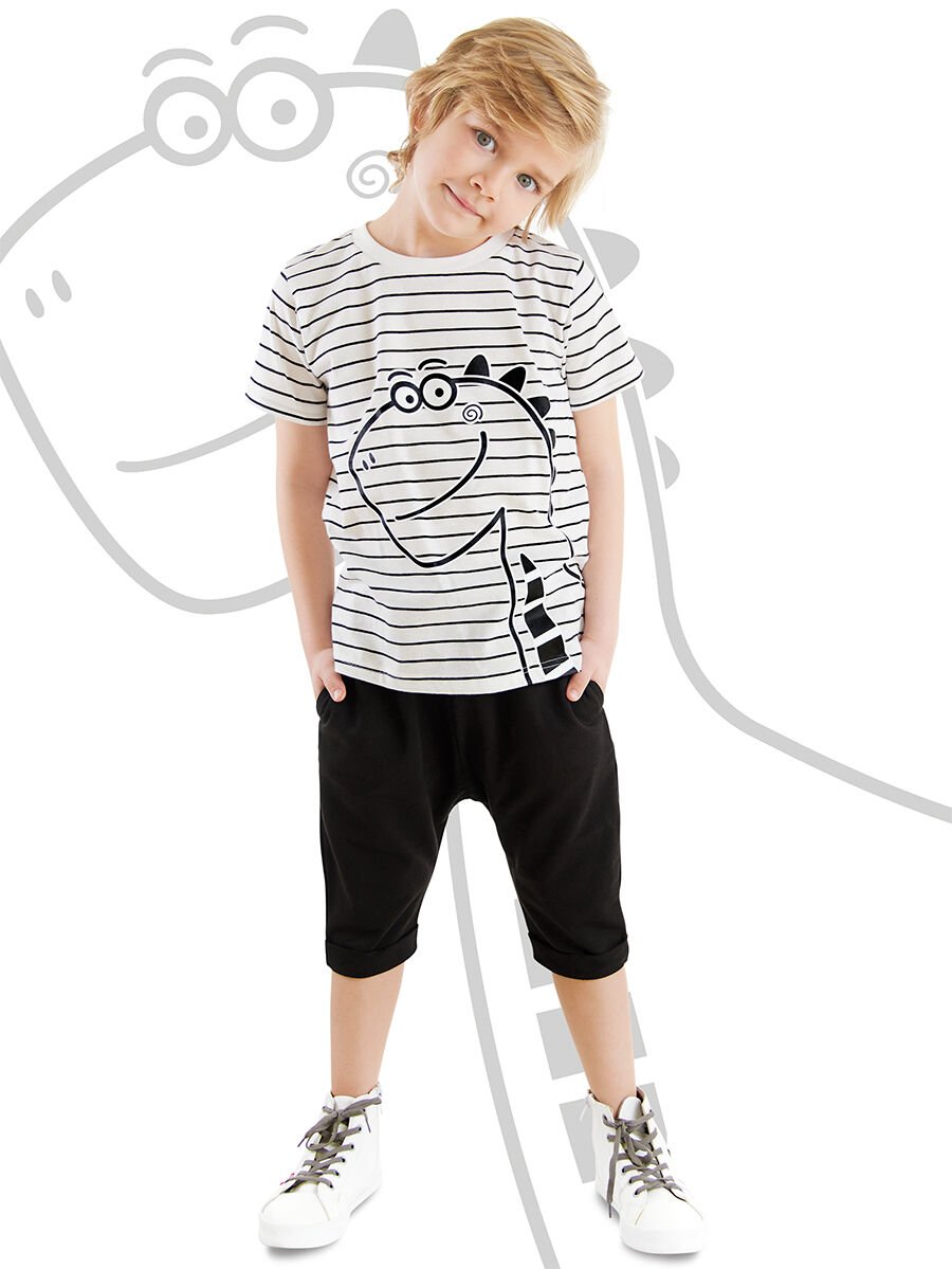 Sevimli Dino Erkek Çocuk T-shirt Kapri Şort Takım 7 Y - Siyah