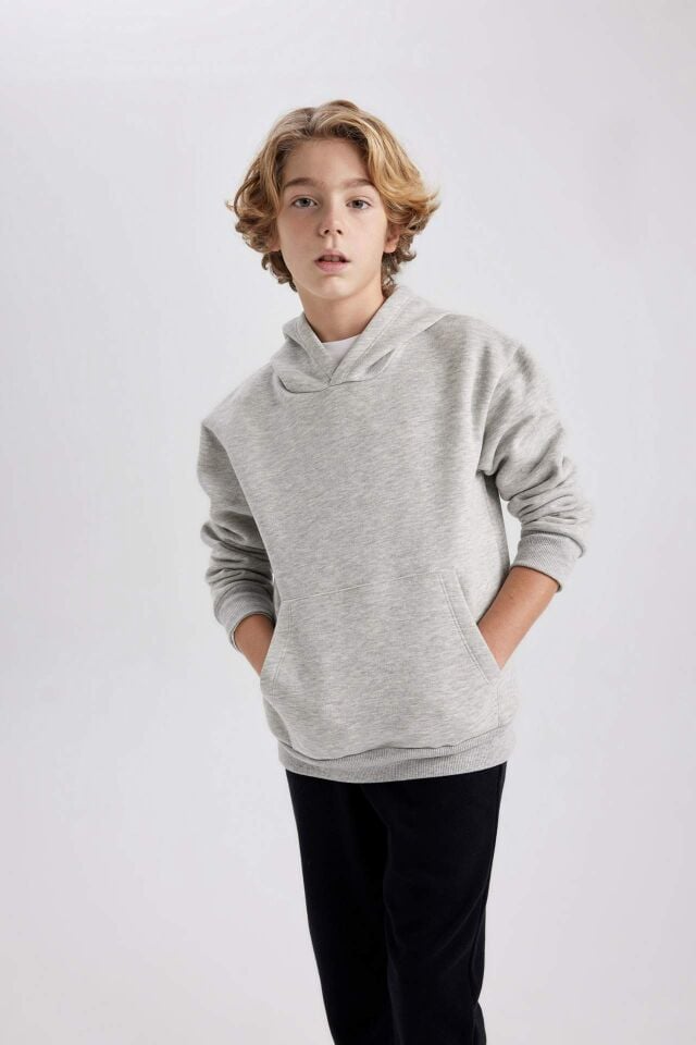 Erkek Çocuk Basic Düz Kapüşonlu Sweatshirt
