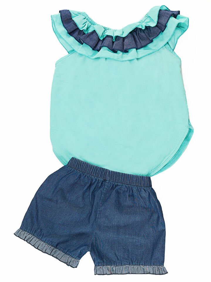 Fırfır Kız Çocuk Bluz Denim Şort Takım 4 Y - Turkuaz