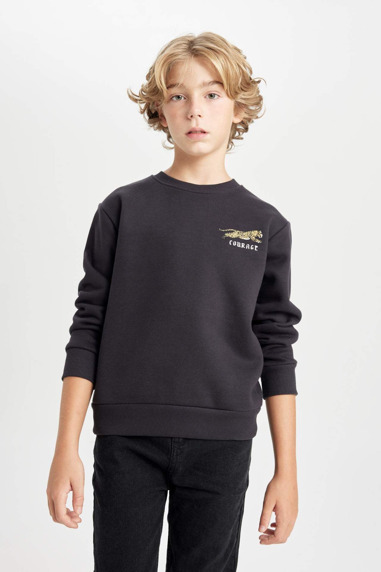 Erkek Çocuk Baskılı Bisiklet Yaka Baskılı Kalın Siyah Sweatshirt